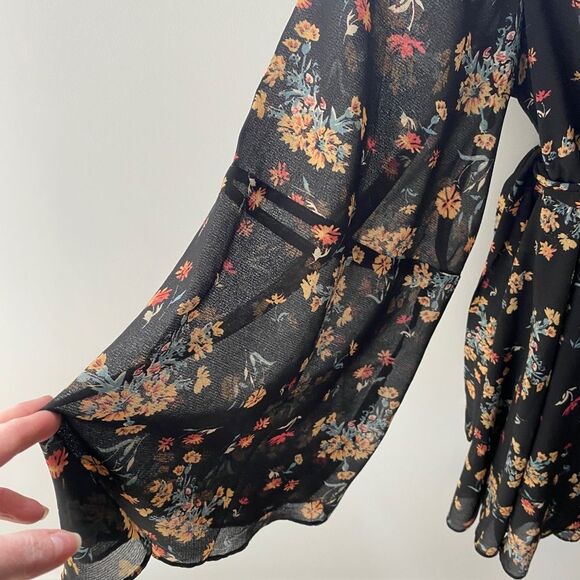 Free People Lilou Dress Small Black Floral Flowy Wrap Belted Mini Boho Fairycore - Picture 9 of 12